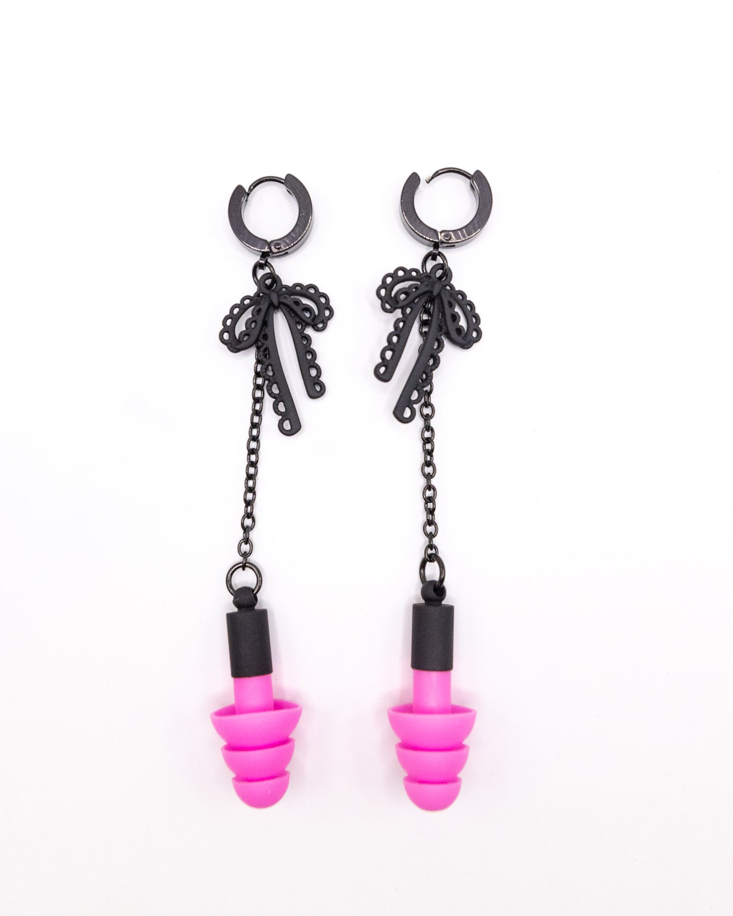 Black & Pink Bow Clicker Hoop Ear Plug Earrings