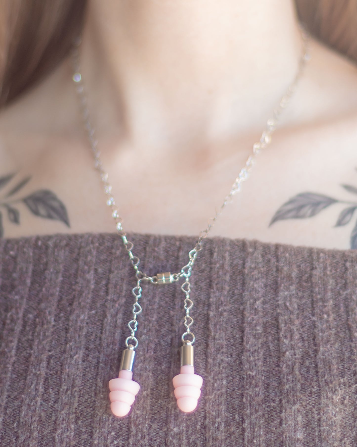 Pink Heart Ear Plug Necklace (no piercings needed)