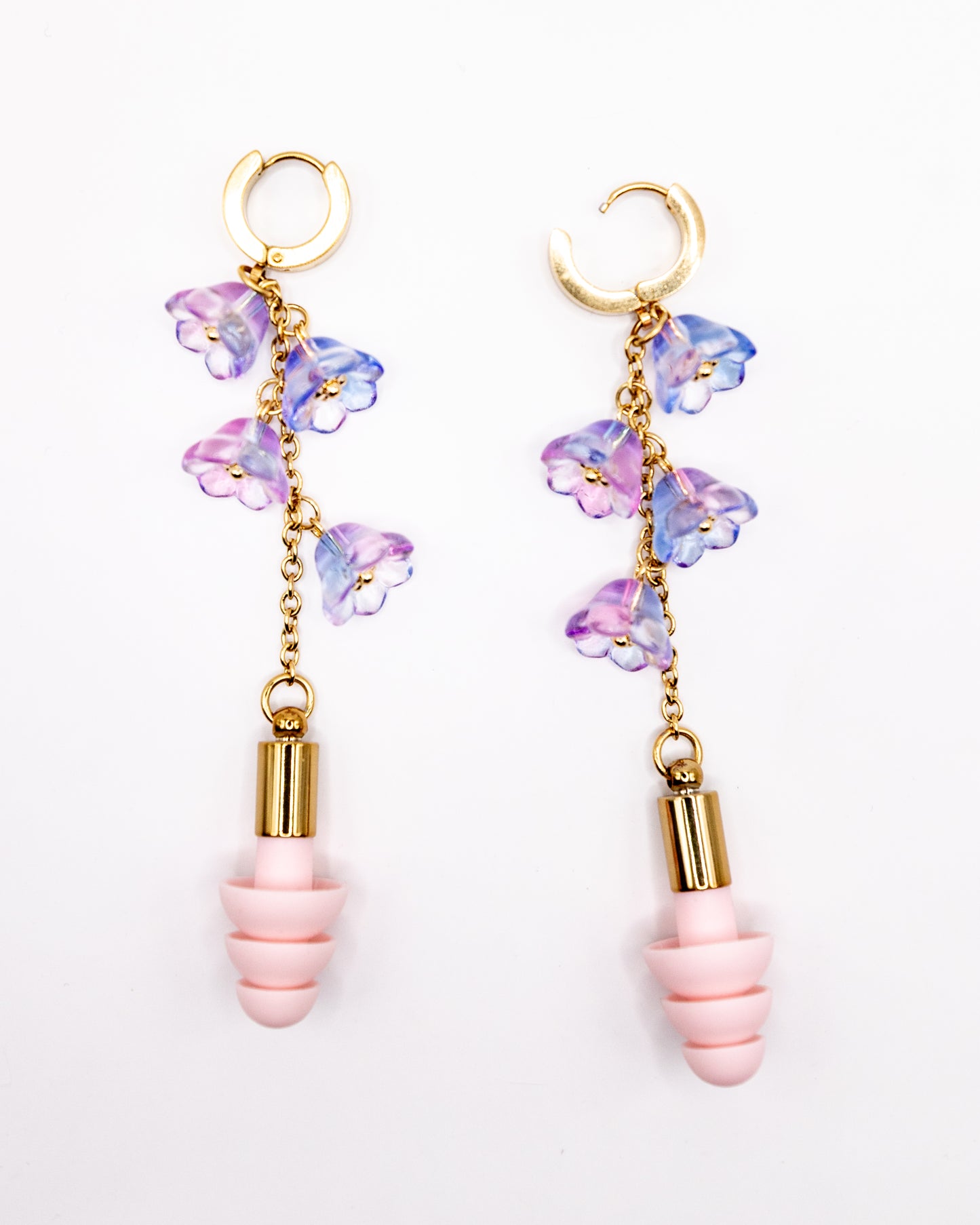 Gold & Pink Flower Chain Clicker Hoop Ear Plug Earrings