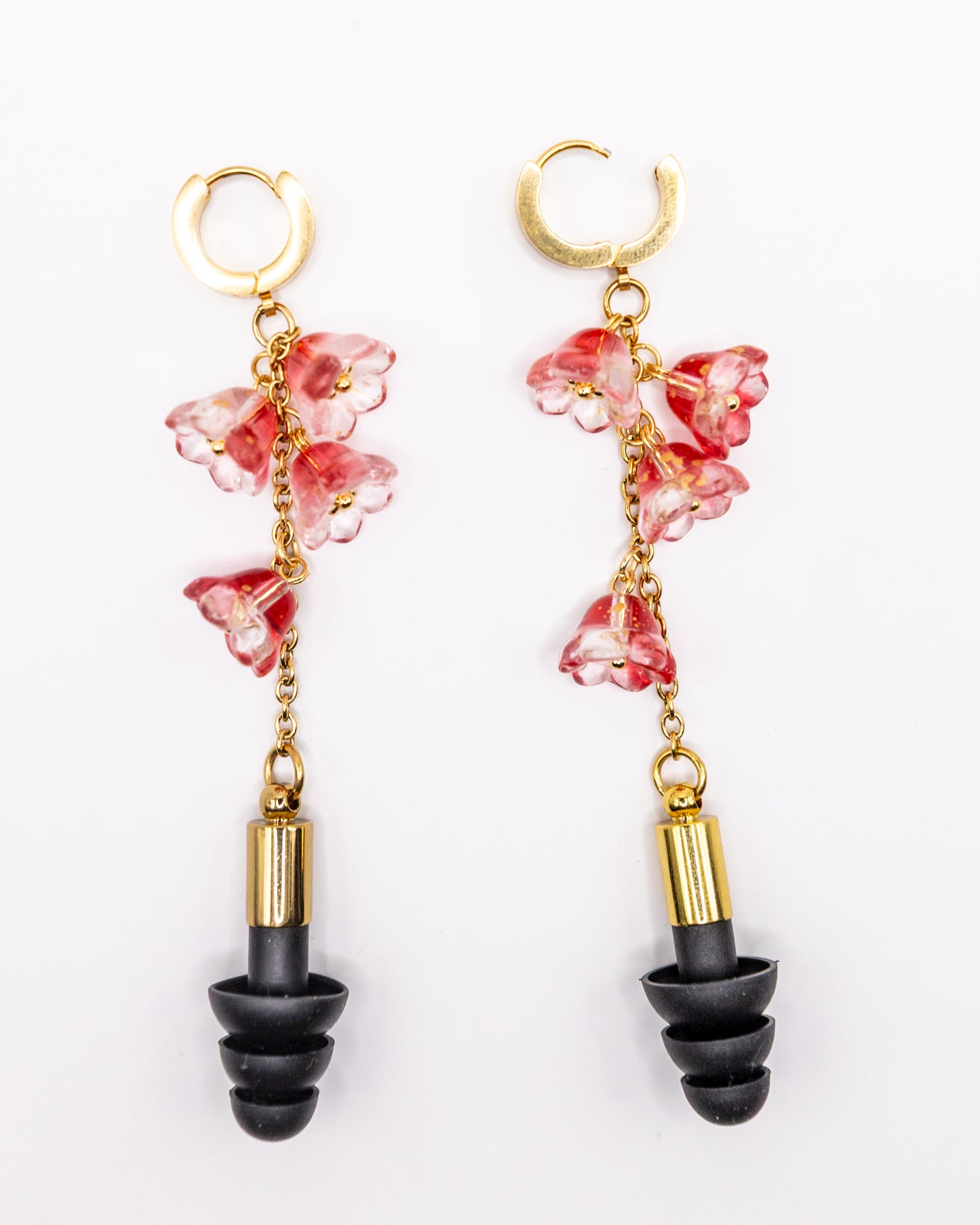 Gold & Red Flower Chain Clicker Hoop Ear Plug Earrings