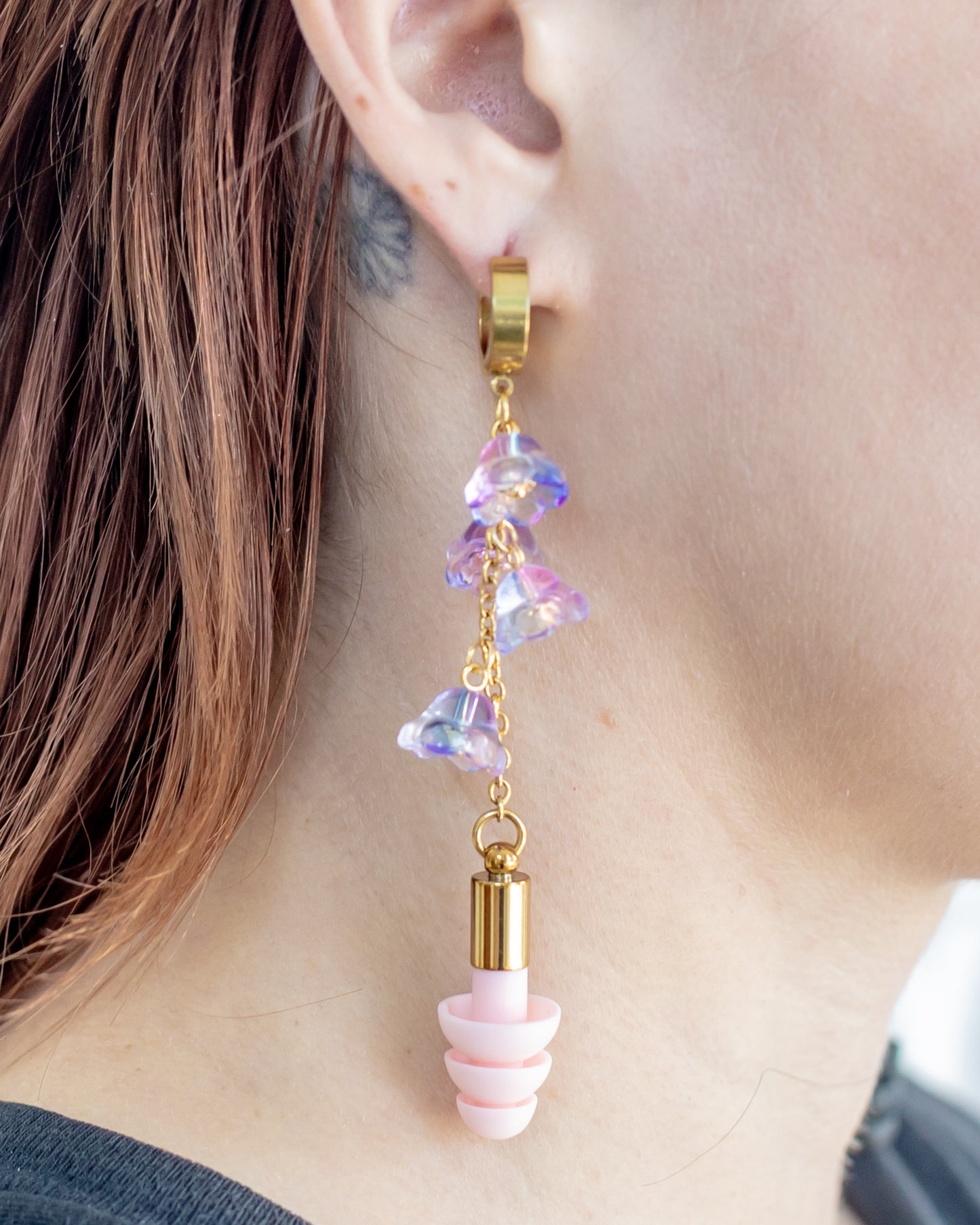Gold & Pink Flower Chain Clicker Hoop Ear Plug Earrings