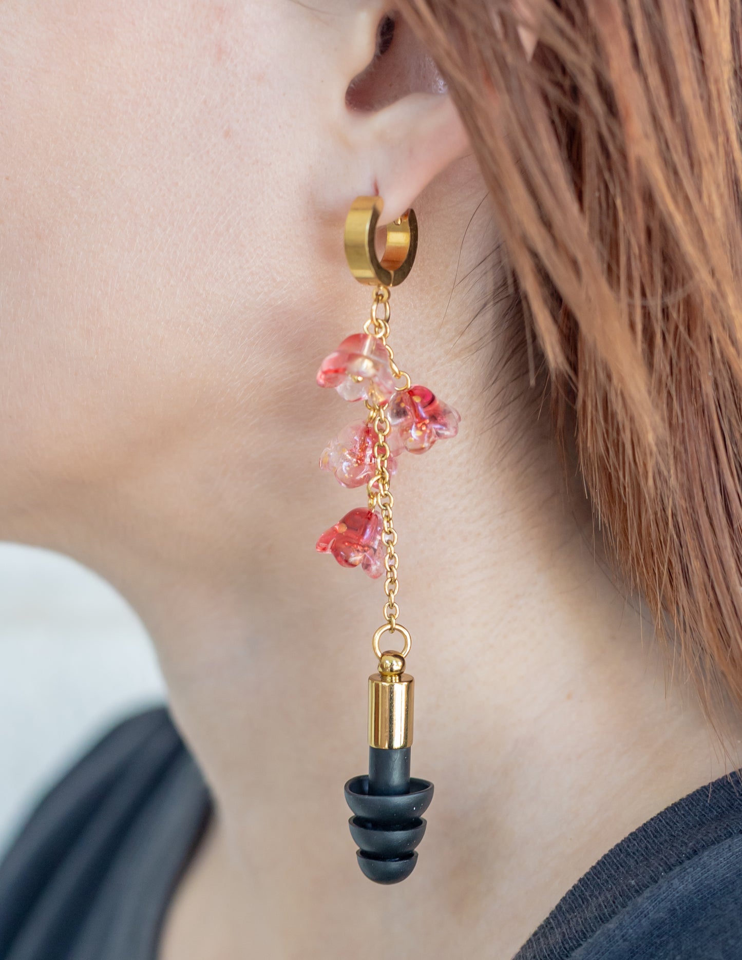 Gold & Red Flower Chain Clicker Hoop Ear Plug Earrings