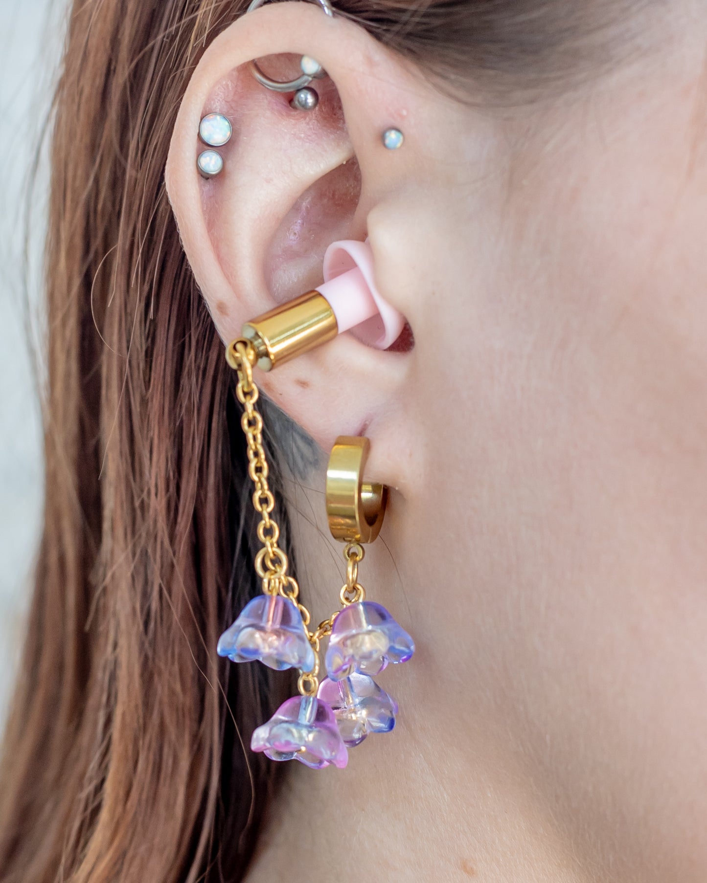 Gold & Pink Flower Chain Clicker Hoop Ear Plug Earrings