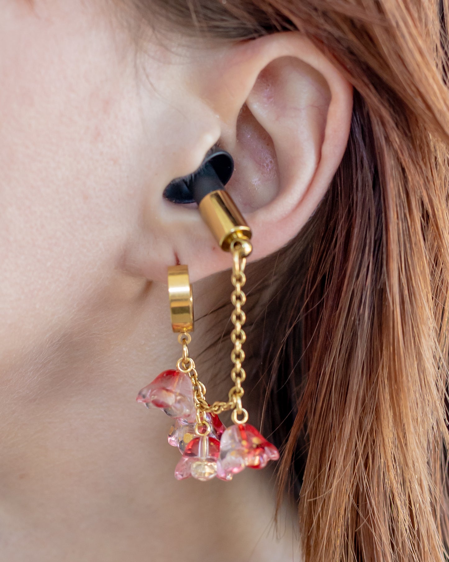 Gold & Red Flower Chain Clicker Hoop Ear Plug Earrings