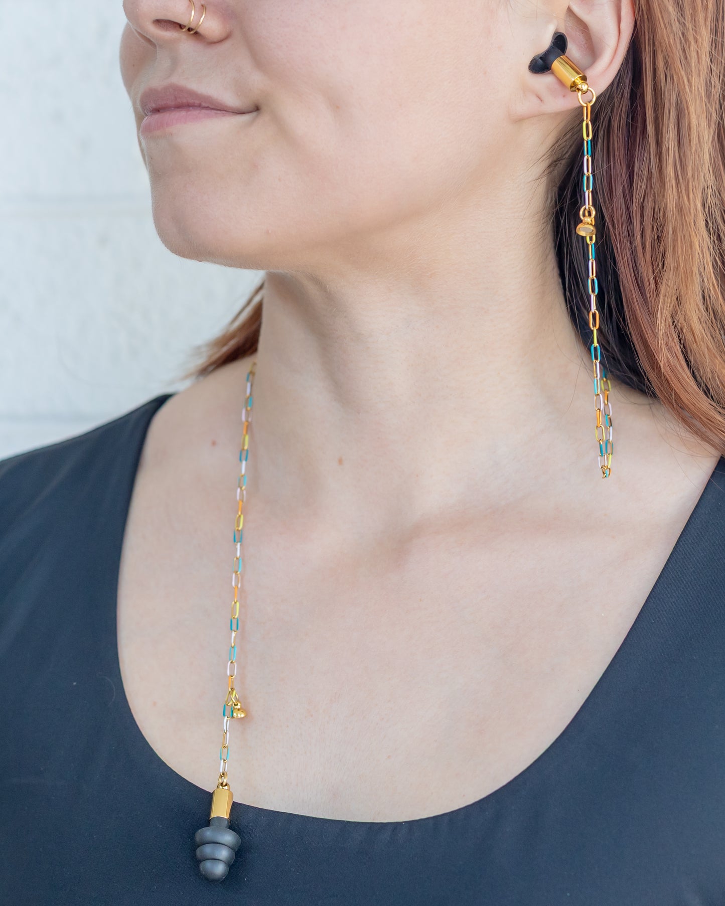 Gold Enamel Paperclip Chain Ear Plug Necklace (no piercings needed)