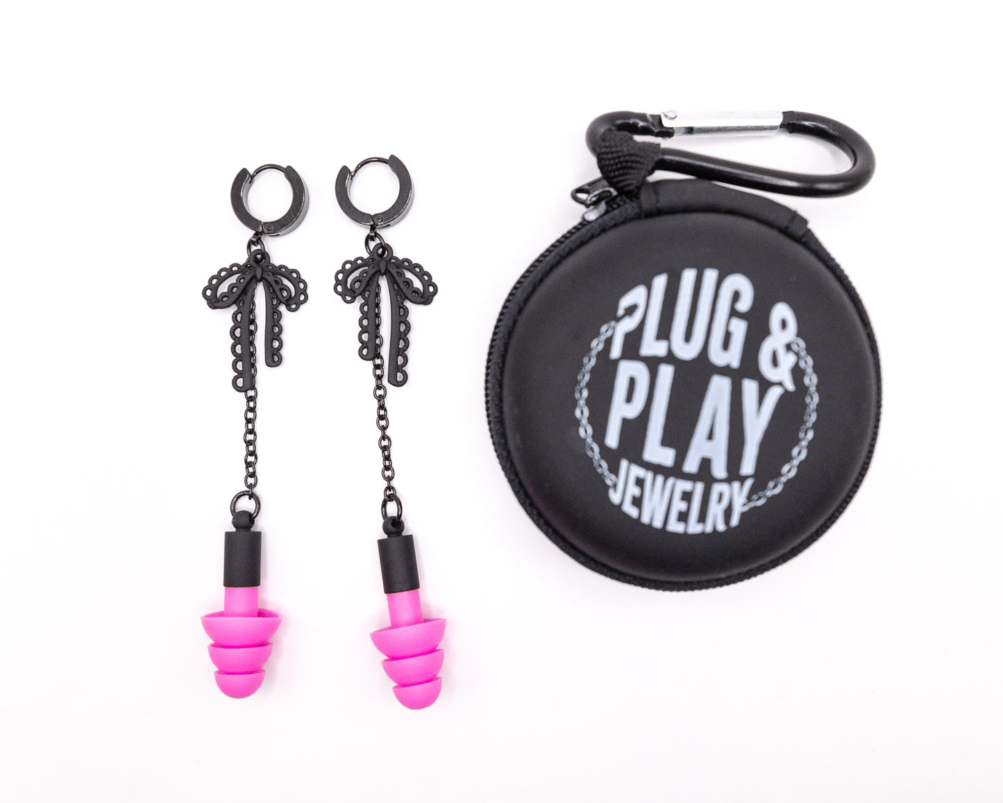 Black & Pink Bow Clicker Hoop Ear Plug Earrings