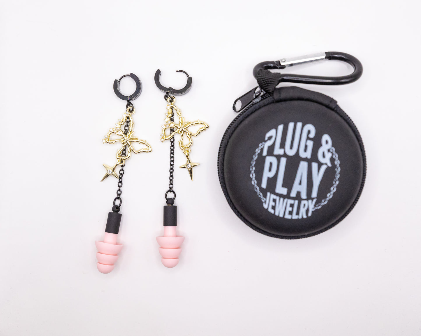 Black & Pink Butterfly Clicker Hoop Ear Plug Earrings