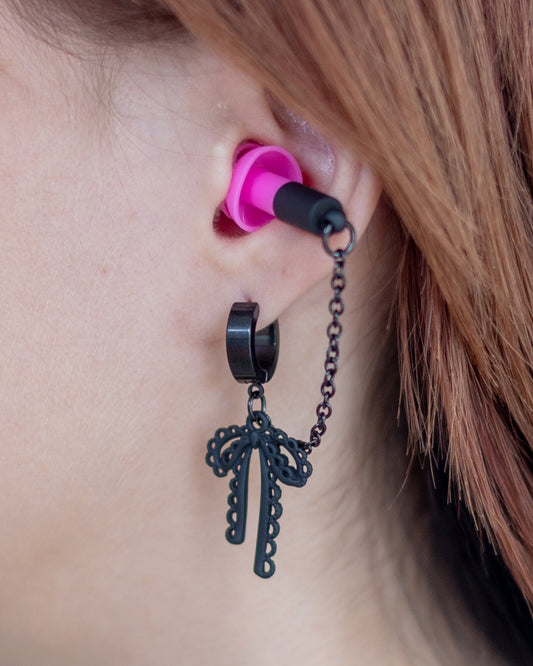 Black & Pink Bow Clicker Hoop Ear Plug Earrings