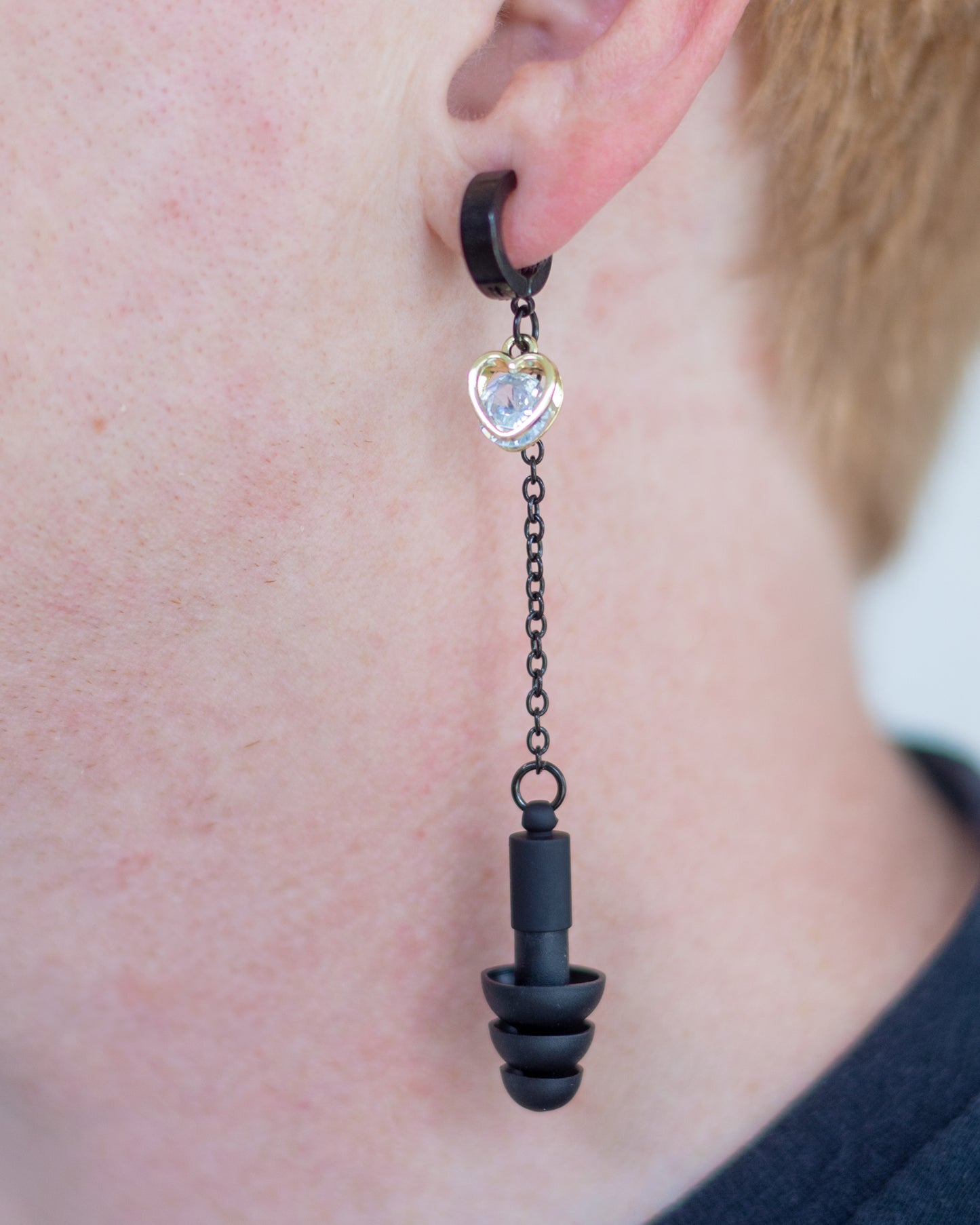 Black & Gold Heart Clip-on Hoop Ear Plug Earrings (no piercings needed)