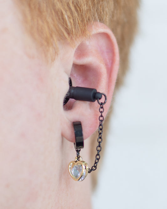 Black & Gold Heart Clip-on Hoop Ear Plug Earrings (no piercings needed)