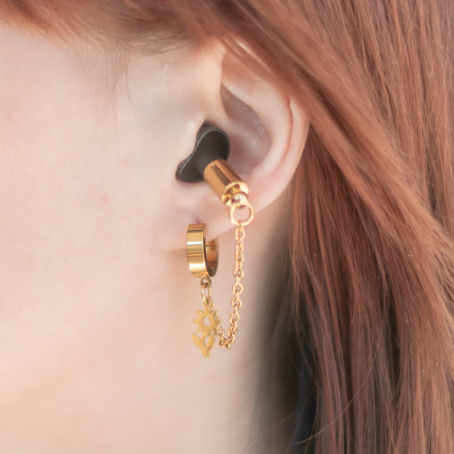 Gold Flower Clicker Hoop Ear Plug Earring