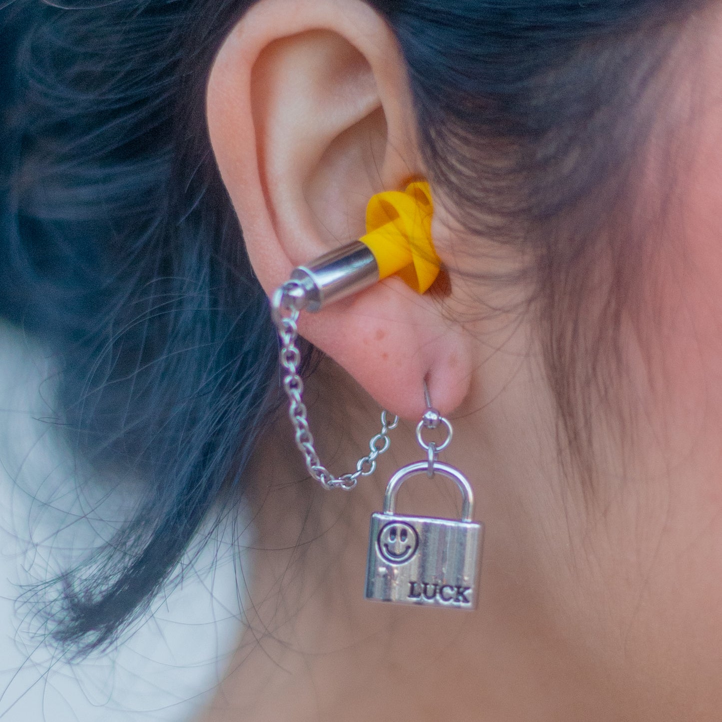 Yellow Padlock Stud Ear Plug Earrings
