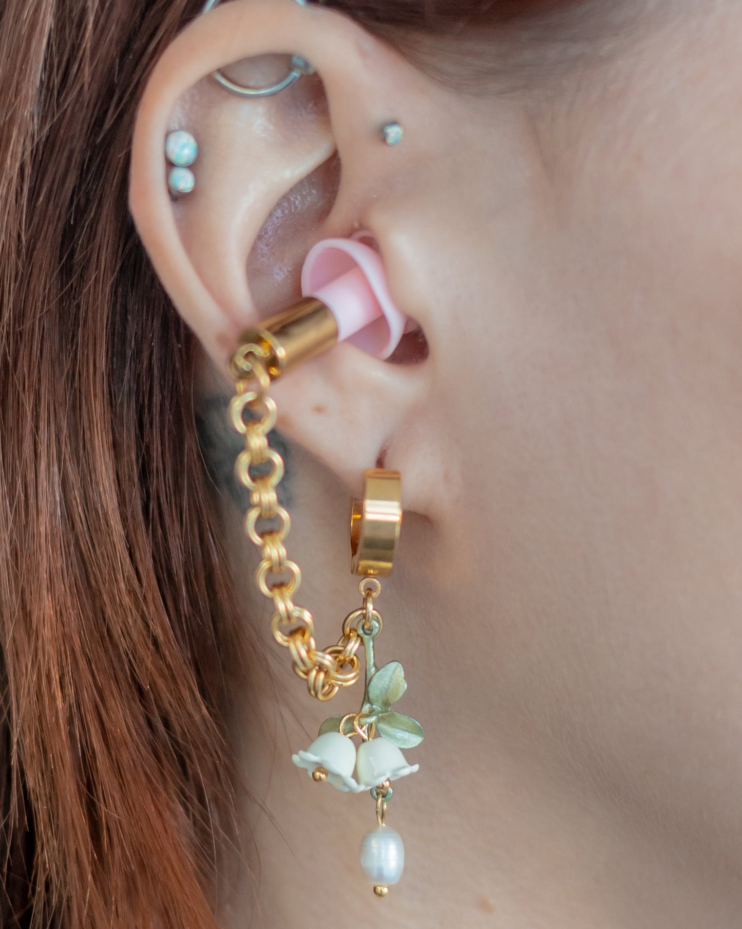 Gold Lily of the Valley Clicker Hoop Ear Plug Earrings